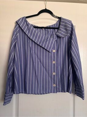LOFT Blue and White Striped Button-Down Shirt with Wide Asymmetric Collar